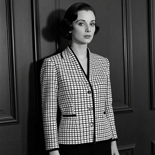 Black-and-white photograph of a woman with short, wavy hair, wearing a checkered blazer, standing against a paneled door.