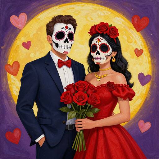 Digital painting of a couple with sugar skull faces, wearing formal attire; he in a black suit, she in a red dress with roses, holding a