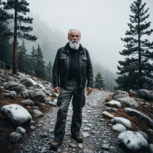 Elderly Man on Foggy Mountain Trail