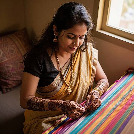 Indian woman with dark hair and intricate mehndi on hands and arms, wearing a yellow sari over black blouse, embroidering colorful fabric in