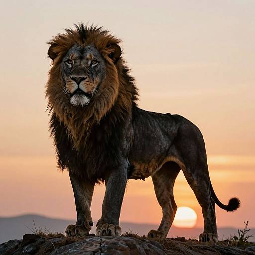 Photograph of a majestic, dark-maned lion standing on rocky terrain at sunset, with a vibrant orange and pink sky in the background.