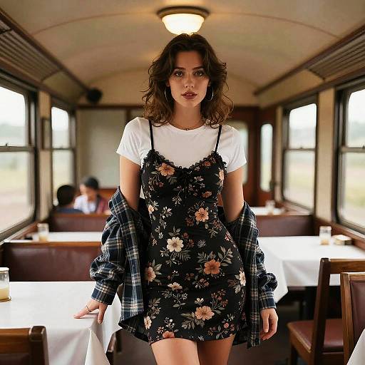 Woman in Floral Dress in Vintage Train Dining Car