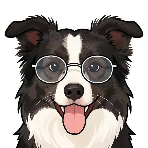 Digital illustration of a black and white Border Collie with round glasses and an open mouth, tongue out, against a white background.