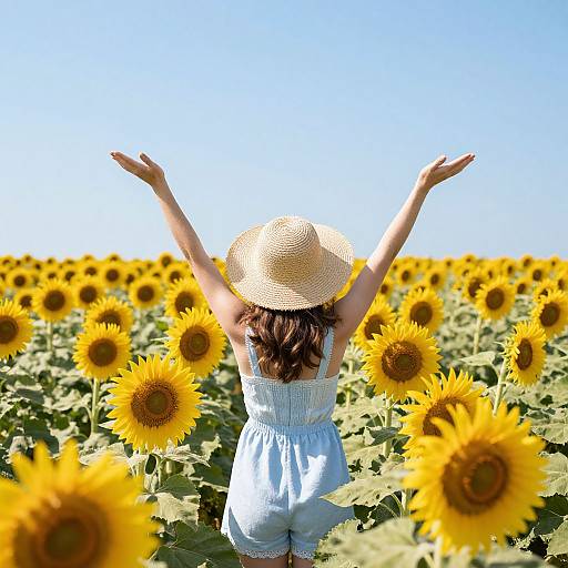 Photograph of a woman with wavy brown hair, wearing a white sundress and straw hat, arms raised, standing in a sunflower field under