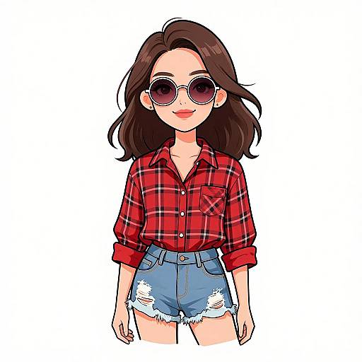 Smiling Woman in Casual Plaid Outfit