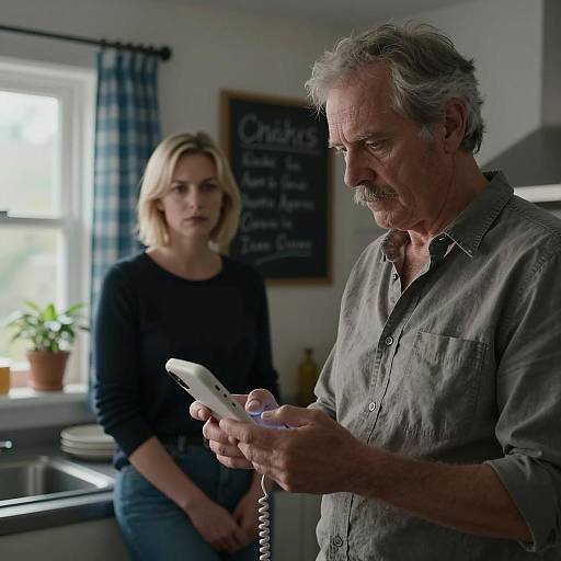 Serious Man Using Corded Phone in Kitchen with Woman in Background