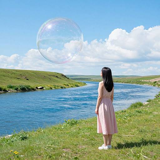 Photograph of an Asian woman with long black hair in a pink dress, standing on grass, watching a large bubble float over a blue river under a