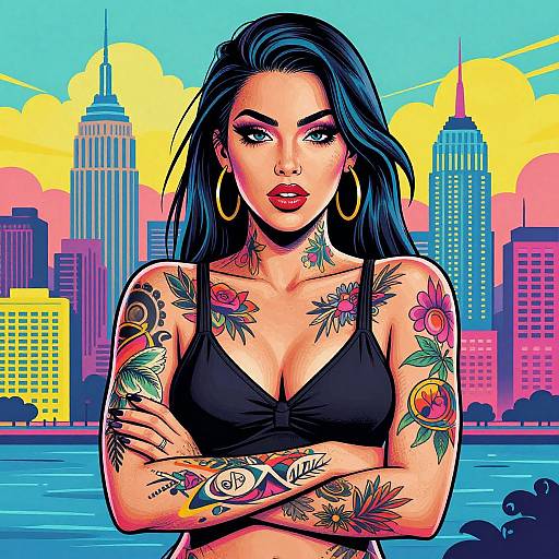 Digital art of a tattooed woman with black hair, hoop earrings, red lipstick, black bra, arms crossed, city skyline with colorful buildings in the