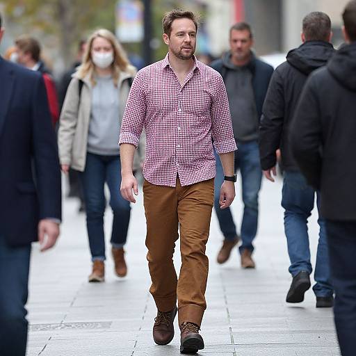 Man Walking in Checkered Shirt