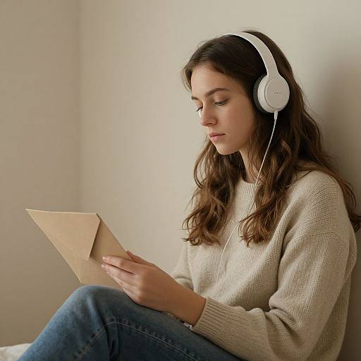 Photograph of a young woman with long brown hair, wearing white headphones and a beige sweater, intently reading a tablet against a plain white wall.