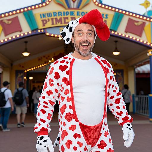Photograph of a bearded man in a red beret and white Dalmatian-print costume with red spots, standing in front of a brightly