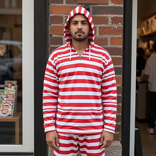 Photograph of a bearded man with light brown skin wearing a red and white striped hooded onesie, standing in front of a brick storefront.