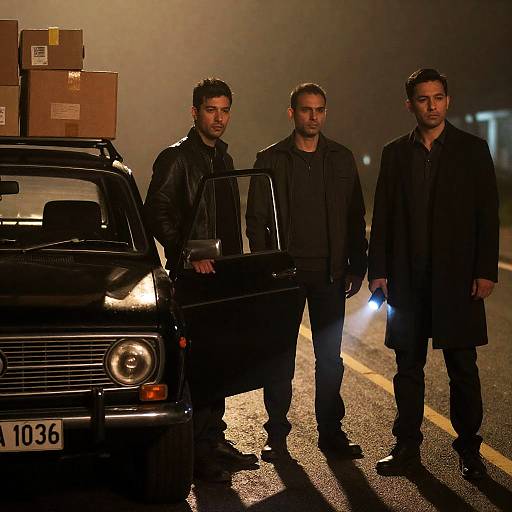 Three Men Standing by Vintage Car at Night