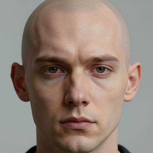Close-up photograph of a bald, fair-skinned man with blue eyes, light brown eyebrows, and slight stubble, against a plain gray background.