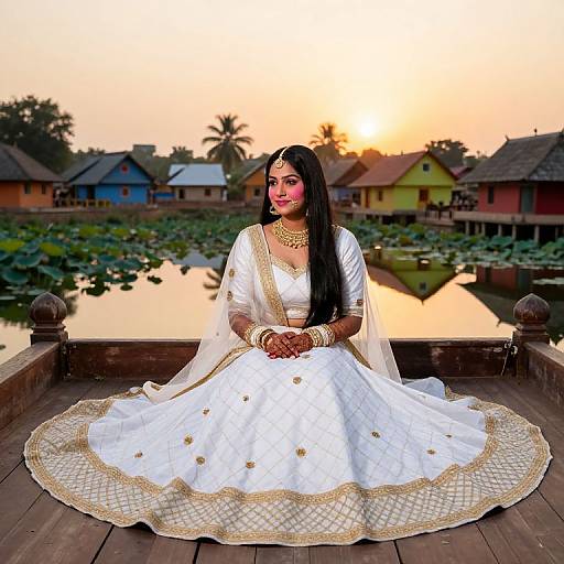 Photograph of an Indian bride in a white, gold-embellished saree, sitting on a wooden platform at sunset, with a serene lake