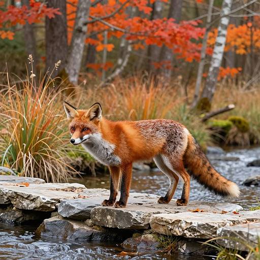 Photograph of a red fox standing on a mossy rock in a forest stream, with vibrant autumn red leaves in the background.