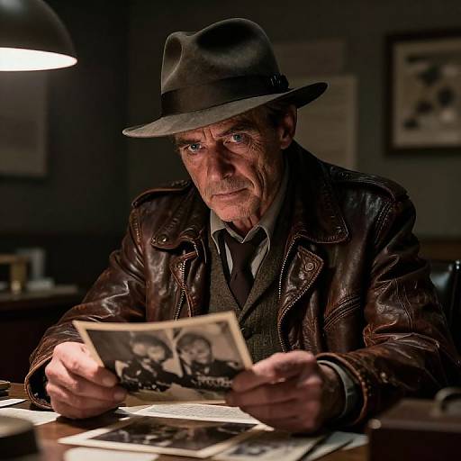 Photograph of an elderly man with wrinkled skin, wearing a dark leather jacket and fedora, intently examining old black-and-white photos under a