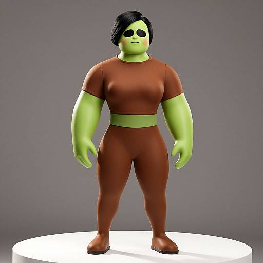 CGI image of a green-skinned, curvy woman with black bob haircut, wearing brown tight-fitting outfit and brown shoes, standing on white