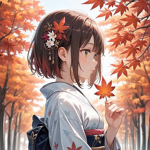 Anime Girl in Kimono with Maple Leaf