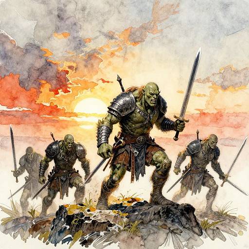 Digital painting of four muscular, green-skinned orcs in dark armor with swords, standing on rocky terrain against a fiery sunset sky.