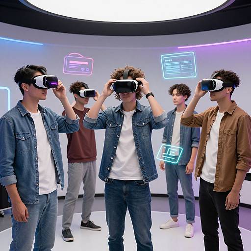 Photograph of five young men with curly hair, wearing VR headsets and casual clothes, standing in a futuristic, neon-lit room.