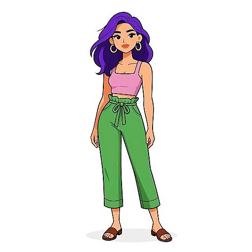 Digital illustration of a confident woman with purple hair, wearing a pink crop top, green high-waisted pants, brown sandals, and large hoop earrings