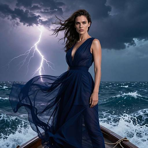 Photograph of a fierce, dark-haired woman in a flowing black dress standing in a stormy sea, with lightning illuminating the dark clouds and turbulent