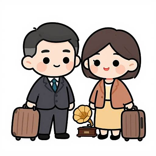 Chibi-style digital drawing of a black-haired man in a suit and blue tie, and a brown-haired woman in a yellow dress and brown jacket,