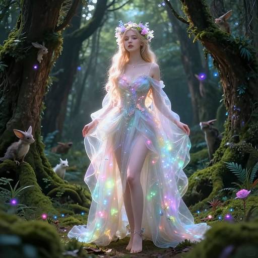 Photorealistic digital artwork of a fair-skinned, blonde woman in a glowing, iridescent dress, crowned with flowers, standing in a mystical