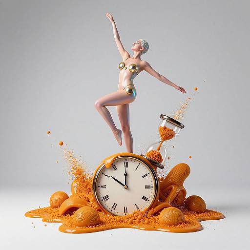 Photorealistic CGI: nude, silver-haired woman with gold jewelry, arms raised, standing on an orange-splattered clock, hourglass tipping over