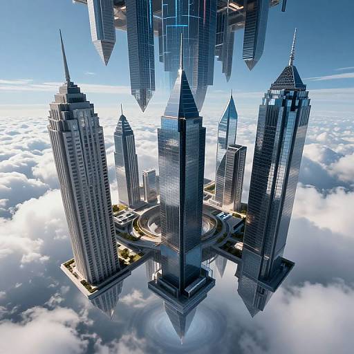 Photorealistic CGI of a futuristic cityscape with towering skyscrapers floating above clouds, featuring sleek glass and steel architecture, bright sunlight, and a