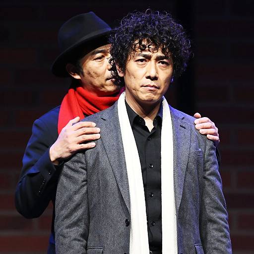 Photograph of two Asian men on stage; front man with curly hair, gray suit, white scarf, black shirt; back man in black hat,