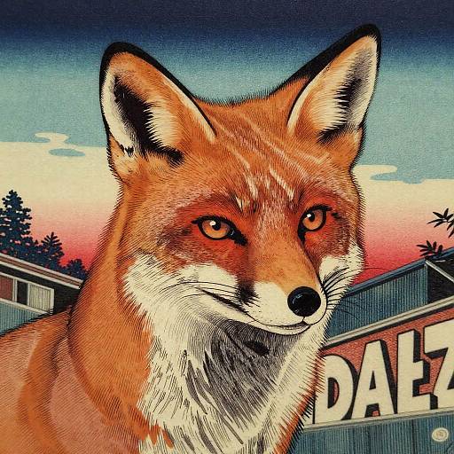 Digital illustration of a red fox with intense eyes, orange and white fur, and pointed ears, set against a sunset sky and building with 