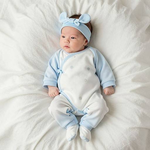 Photograph of a baby with light skin, wearing a light blue onesie, matching headband with bunny ears, lying on a white, textured blanket