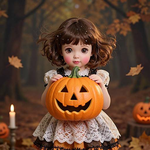 Whimsical Halloween Girl in Pumpkin Mask