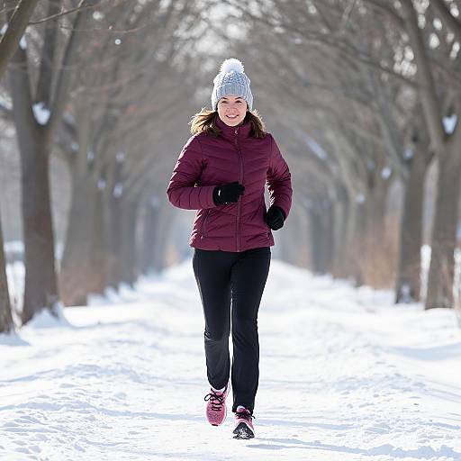 Smiling Woman Jogging on Snowy Path