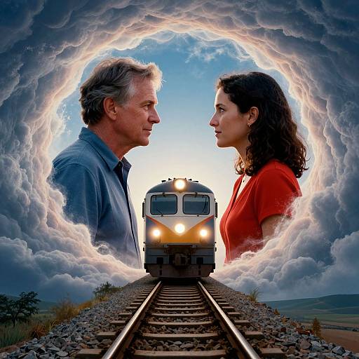 Photograph-style digital artwork: middle-aged man and woman face each other, framed by a glowing cloud circle, with a train approaching on tracks in the