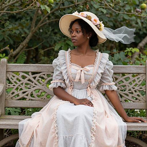 Photograph of a Black woman in a Victorian-style, cream-colored dress with lace trim, wearing a wide-brimmed hat with flowers, sitting on
