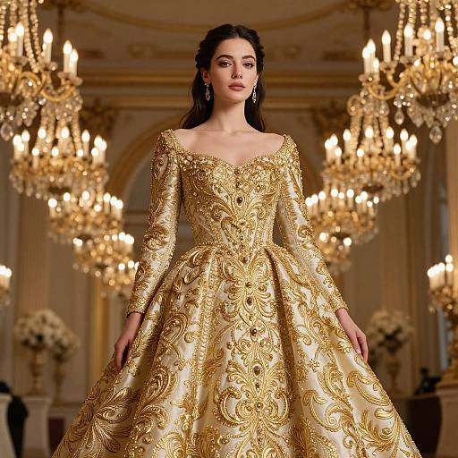 Photograph of a dark-haired woman in an opulent, gold-embroidered ball gown, walking in an elegant, chandelier-lit ball