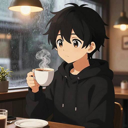 Anime-style digital drawing of a black-haired, brown-eyed boy in a black hoodie holding a steaming cup of coffee at a rainy window table.