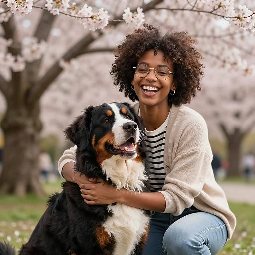 Joyful Woman Embraces Dog in Blooming Park