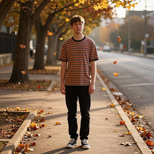 Photograph of a young man standing on a sunlit autumn sidewalk, wearing a striped shirt, black pants, and sneakers, with falling leaves around him