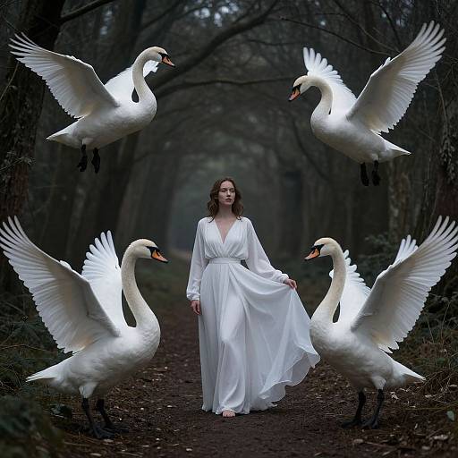 Ethereal Woman with Swans in Forest