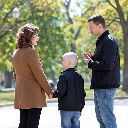 Photograph of a family in a sunlit park: woman in brown coat, man in black jacket, bald boy in black jacket, holding hands,