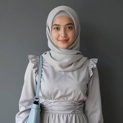 Young Woman in Gray Hijab and Satin Dress