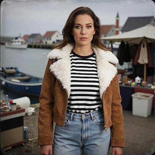 Photograph of a young woman with brown hair, wearing a brown suede jacket with white fur collar, black-and-white striped shirt, and blue jeans,