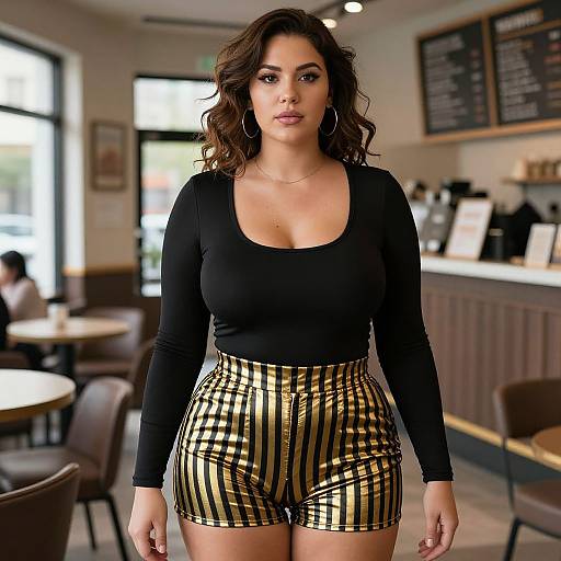 Photograph of a curvy woman with wavy dark hair, wearing a black long-sleeve top and gold-striped high-waist shorts,
