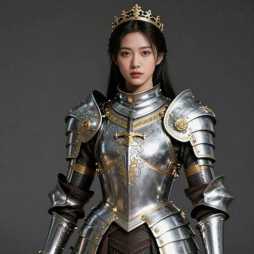 Digital artwork of an Asian woman in ornate, silver medieval armor with gold accents, wearing a gold crown, against a dark background.