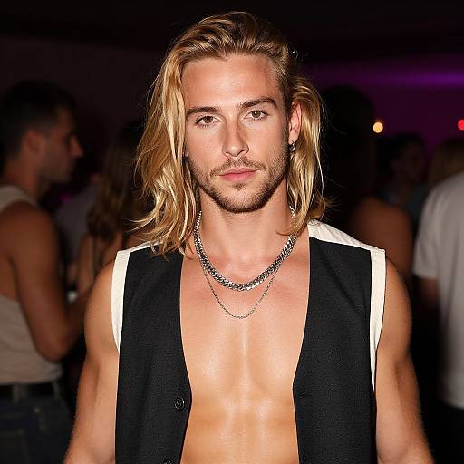 Photograph of a blonde, muscular man with a beard, wearing a sleeveless black vest, open shirt, and chain necklace, in a dimly