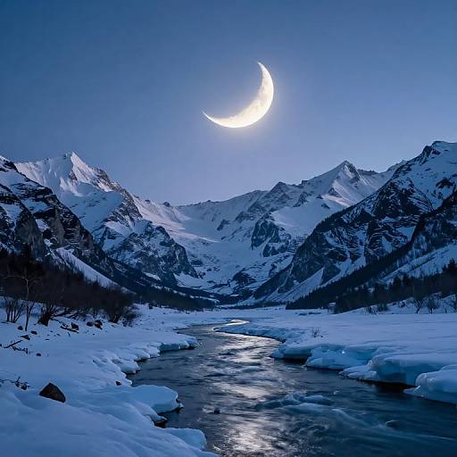Photograph of a snowy mountain valley at night with a bright crescent moon, icy river, and snow-covered peaks under a clear blue sky.